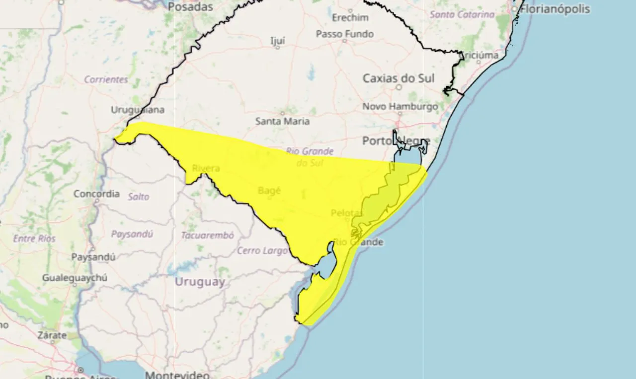 o mapa mostra as &aacute;reas em alerta para chuva intensa e ventos fortes
